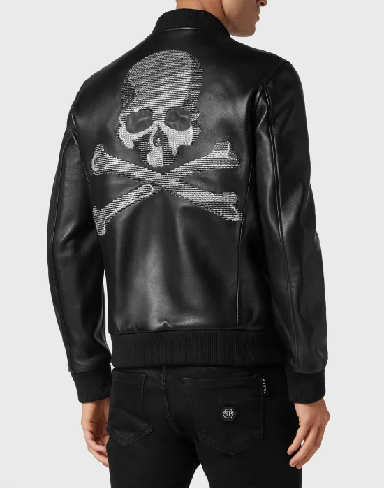Leather Bomber with Crystals Skull&Bones