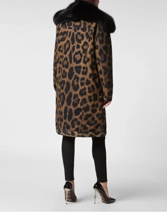 Denim Long Coat with Fur Leopard