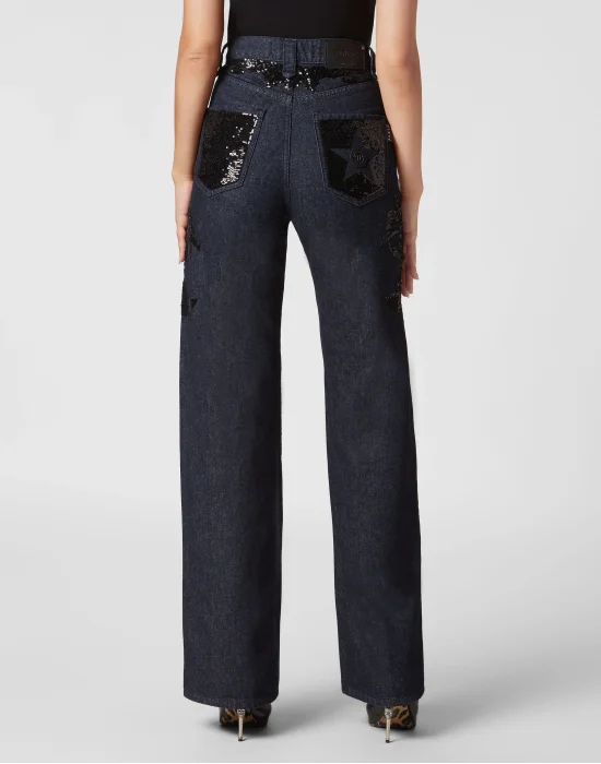 Denim Trousers Palace Fit with Paillettes Cowboy