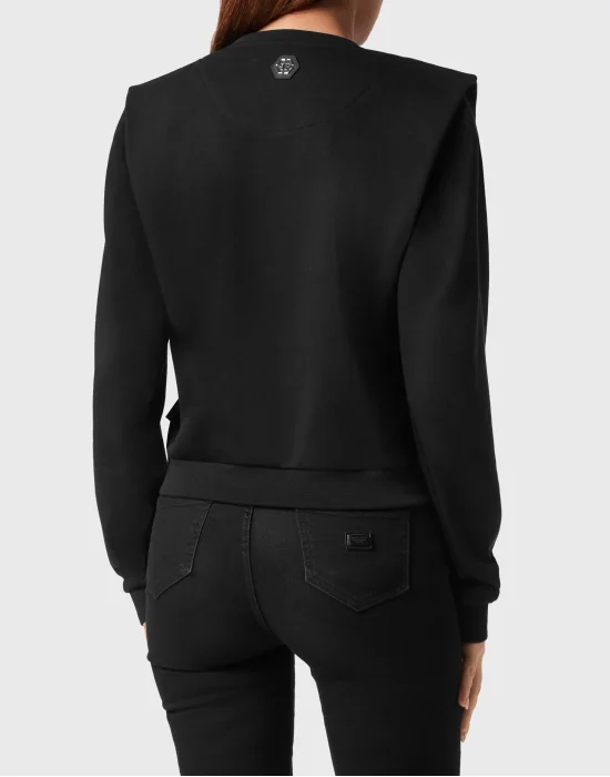 Cropped Padded Shoulder Sweatshirt with Crystals Teddy Bear