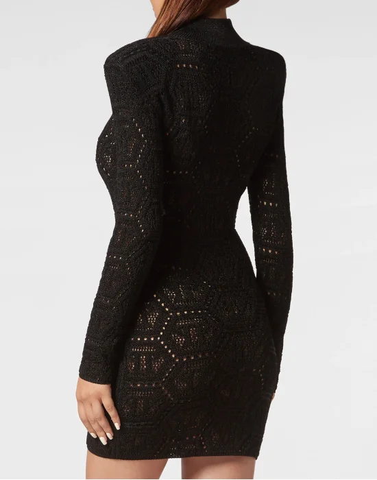 Lurex Padded Shoulder Mini Dress Hexagon
