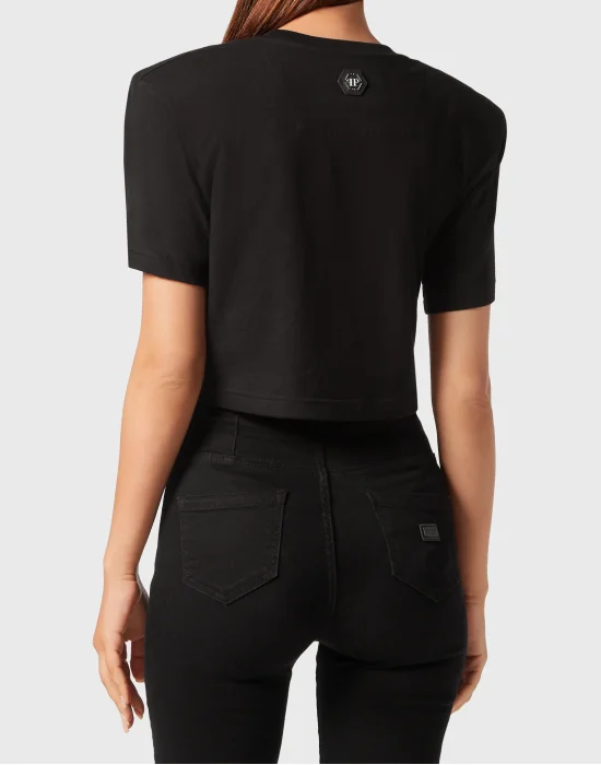 Padded Shoulder Cropped Top Flowers