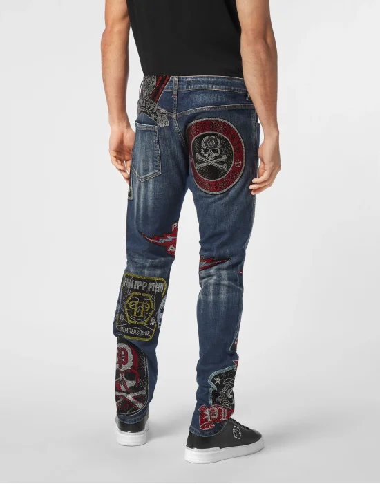 Denim Super Straight Cut Trousers With Patches Strass