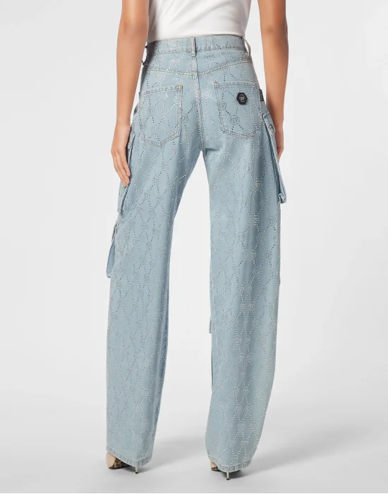 Denim Cargo Trousers Strass Monogram