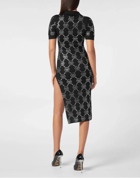 Knitted Strass Polo Dress With Padded Shoulders Monogram