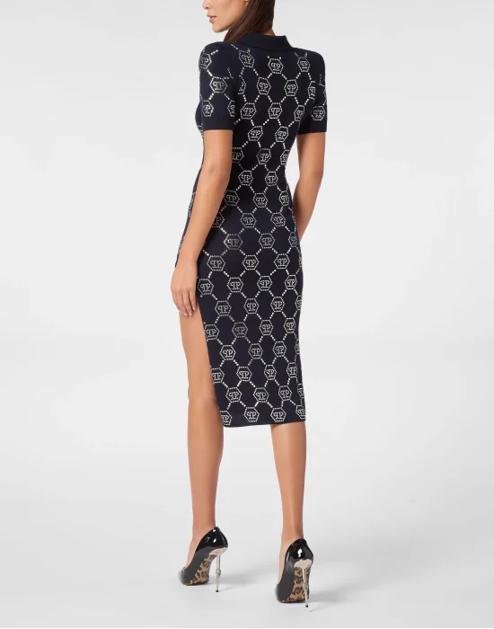 Knitted Strass Polo Dress With Padded Shoulders Monogram