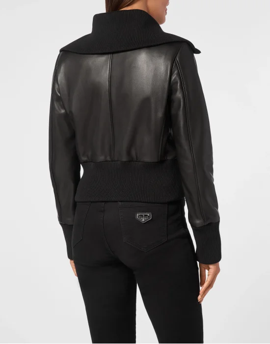 Leather Jacket With Knitted Collar