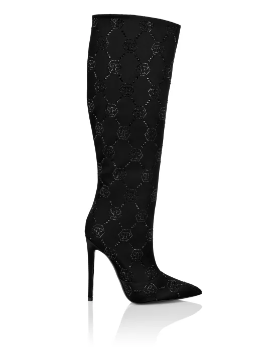 Satin Boots High Heels Mid Strass Monogram