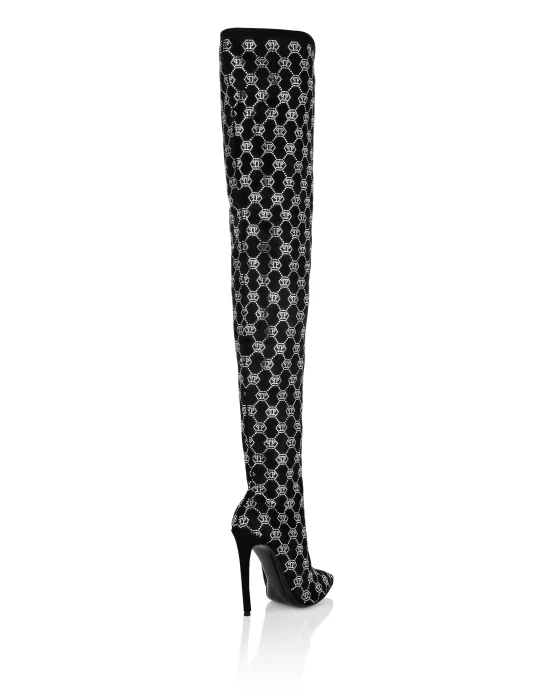 Suede Strass Boots Hi-Heels Overknees Strass Monogram