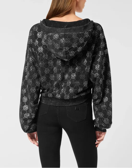 Washed Zip Hoodie Monogram Crystal