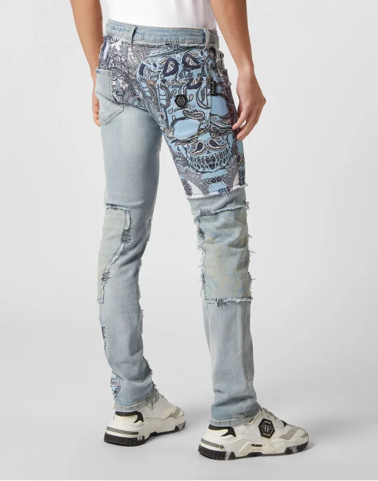 Denim Trousers Super Straight Cut Fit Paisley Patchwork