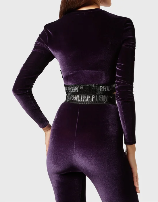 Long-sleeve Padded Shoulder Cropped Top Crystal