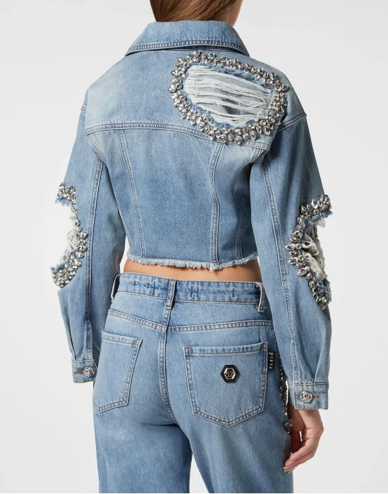 Denim Cropped Jacket with Stones