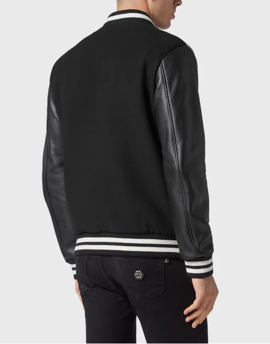 Slim Cut Wool And Leather Bomber Embroidery