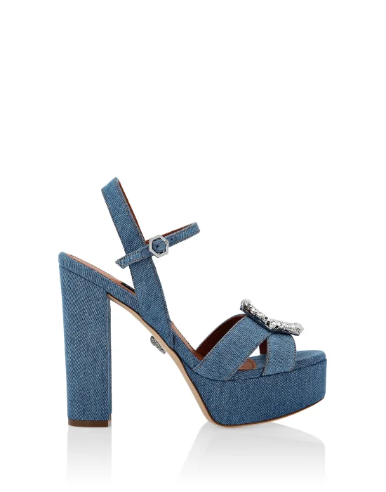 Denim Sandals High Heels Crystal Hexagon