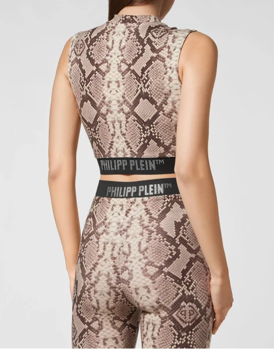 V Cut Crop Top Python Print Crystal Plein with Swarovski