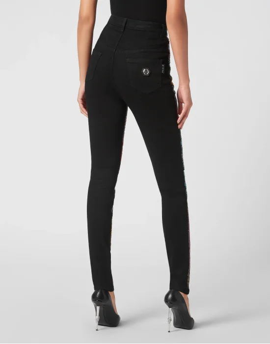 Super High Waist Denim Jeggings Rainbow Patchwork