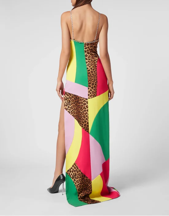Satin Long Dress Rainbow Patchwork