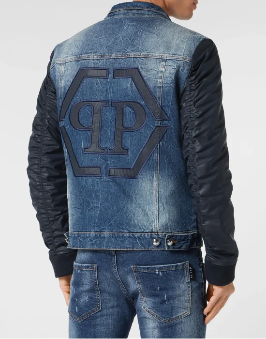 Denim Regular Jacket with Nylon Sleeves Hexagon