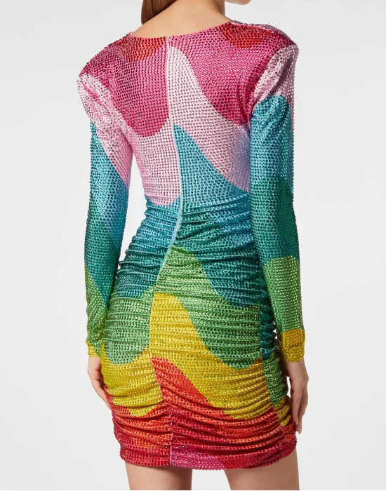 Padded Shoulder Mini Dress LS with Crystals Rainbow Stripes