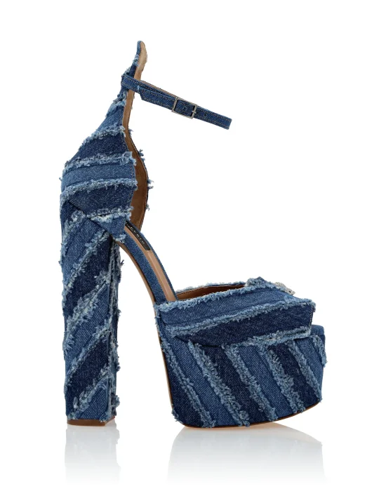 Mixed Denim Platform Sandals High Heels