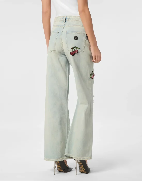 Denim Trousers Skater Fit Cherries Destroyed