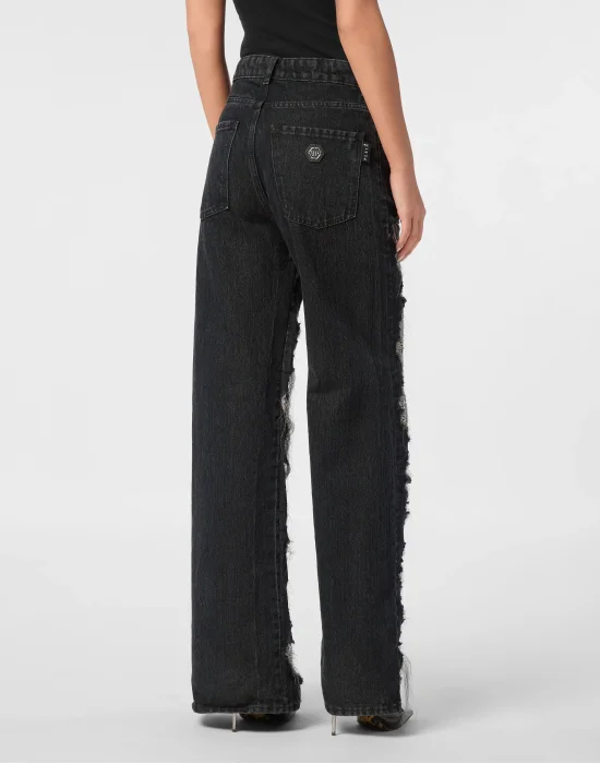 Mesh Strass Denim Trousers Skater Fit Ripped