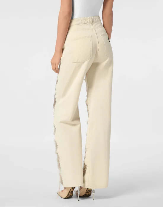 Mesh Strass Denim Trousers Skater Fit Ripped