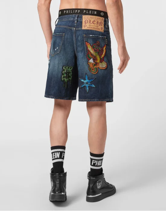 Denim Capri Shorts Destroyed Tattoo Patches