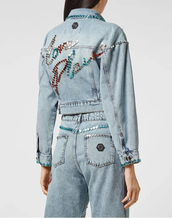 Denim Jacket Cropped Destroyed with Crystals