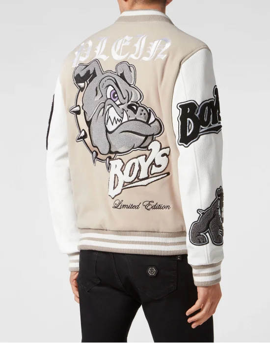 Woolen Cloth College Bomber with Leather Arms Bulldogs