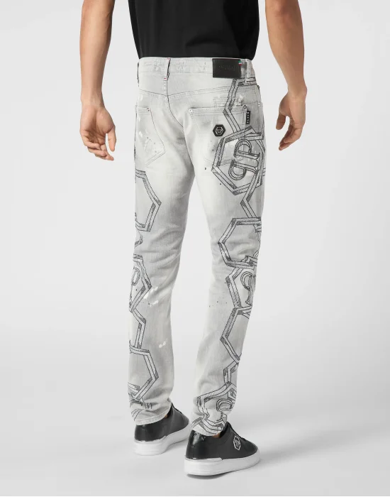 Denim Super Straight Cut Trousers Strass Chains