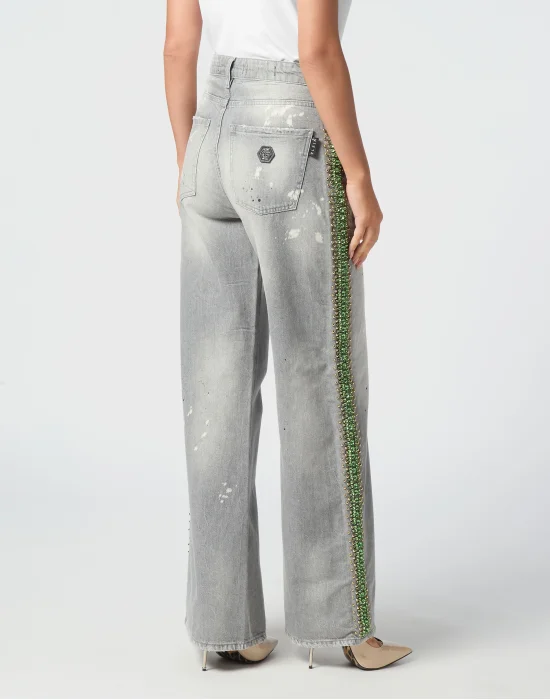Denim Skater Fit Trousers Rib Strass