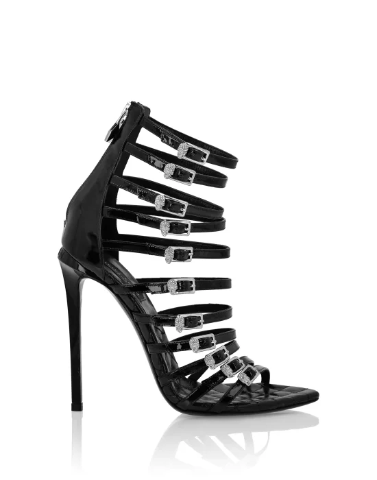 Patent Leather High Plein Heel Sandals Skull