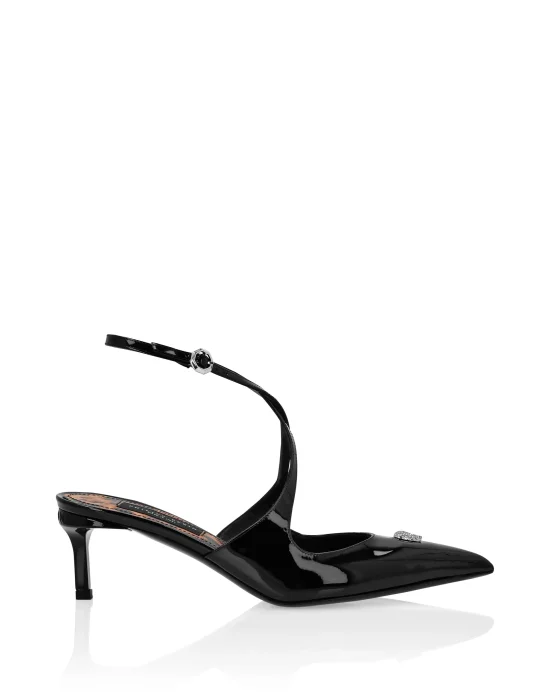 Leather Sandals Low Heels Skull strass