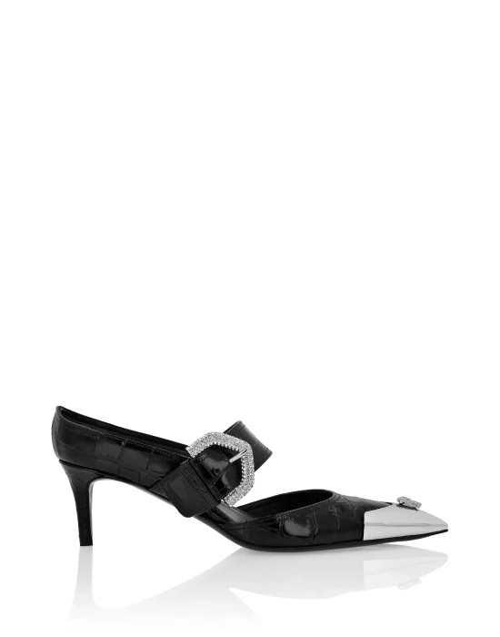 Croco Leather Mule Low Heels Skull strass