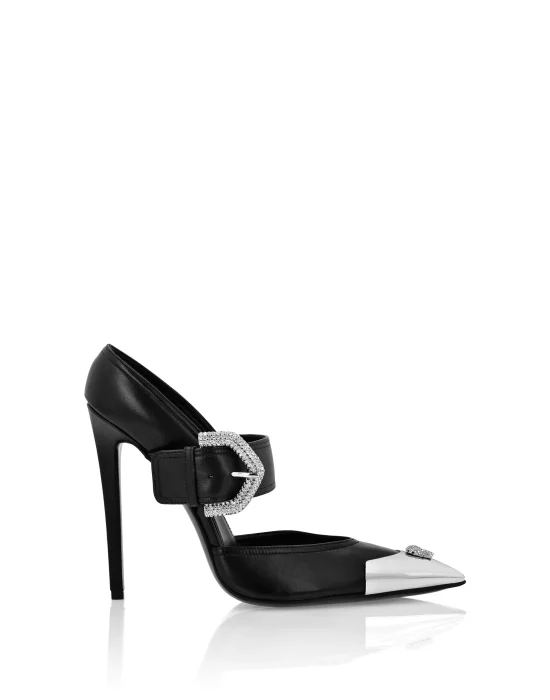 Leather Mule High Heels 12 Skull Strass